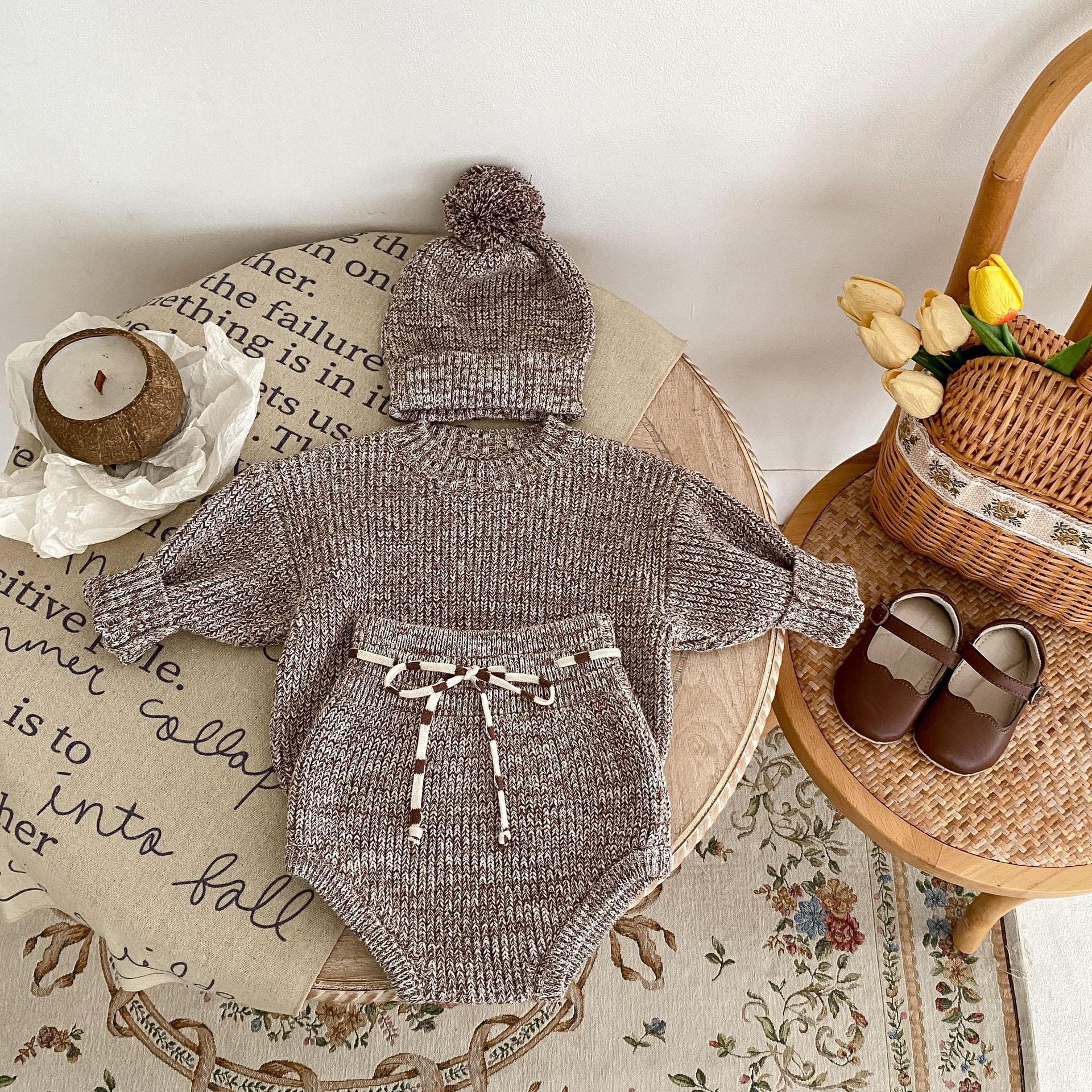 Wiloura Infant Fur Ball Knitted Hat 3-piece Set